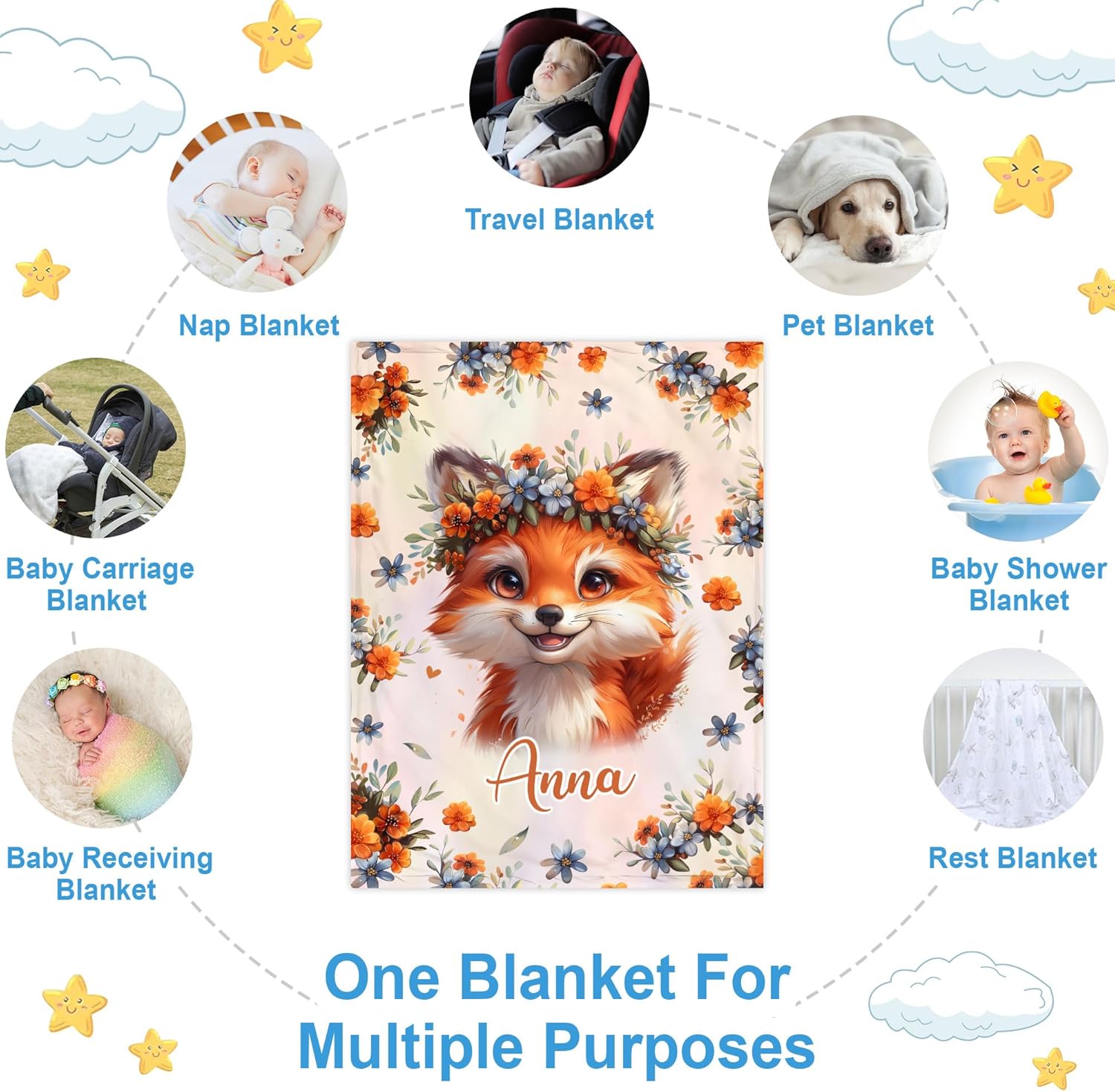 Personalized Fox Baby Blanket with Custom Name