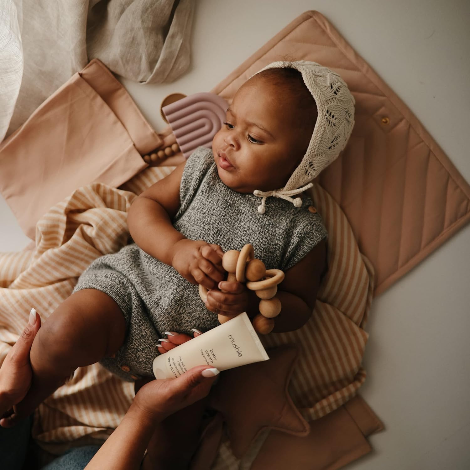 Mushie Muslin Baby Swaddle Blanket - Natural Stripe 100 Organic Cotton