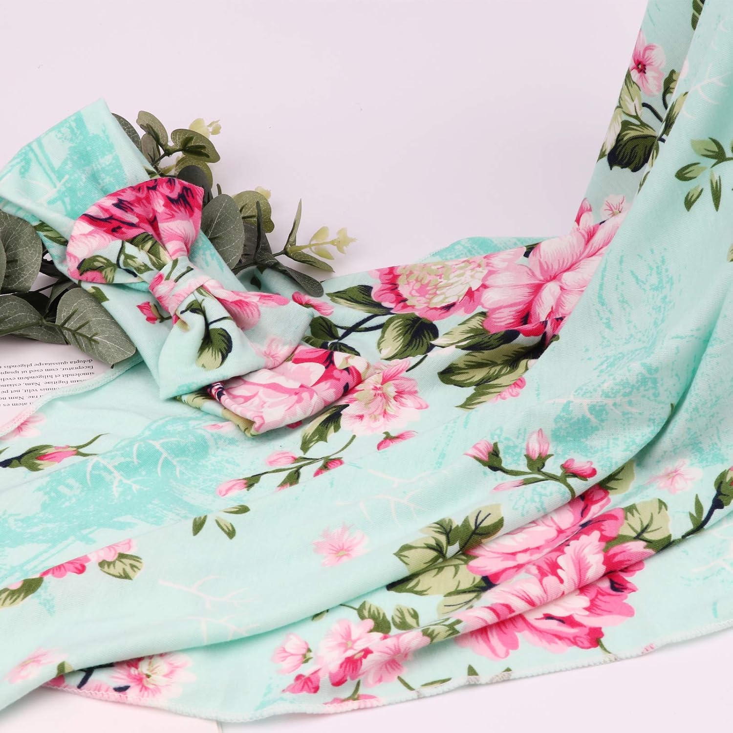 AQOKKA Newborn Swaddle Blanket with Bow Hat and Headband Set