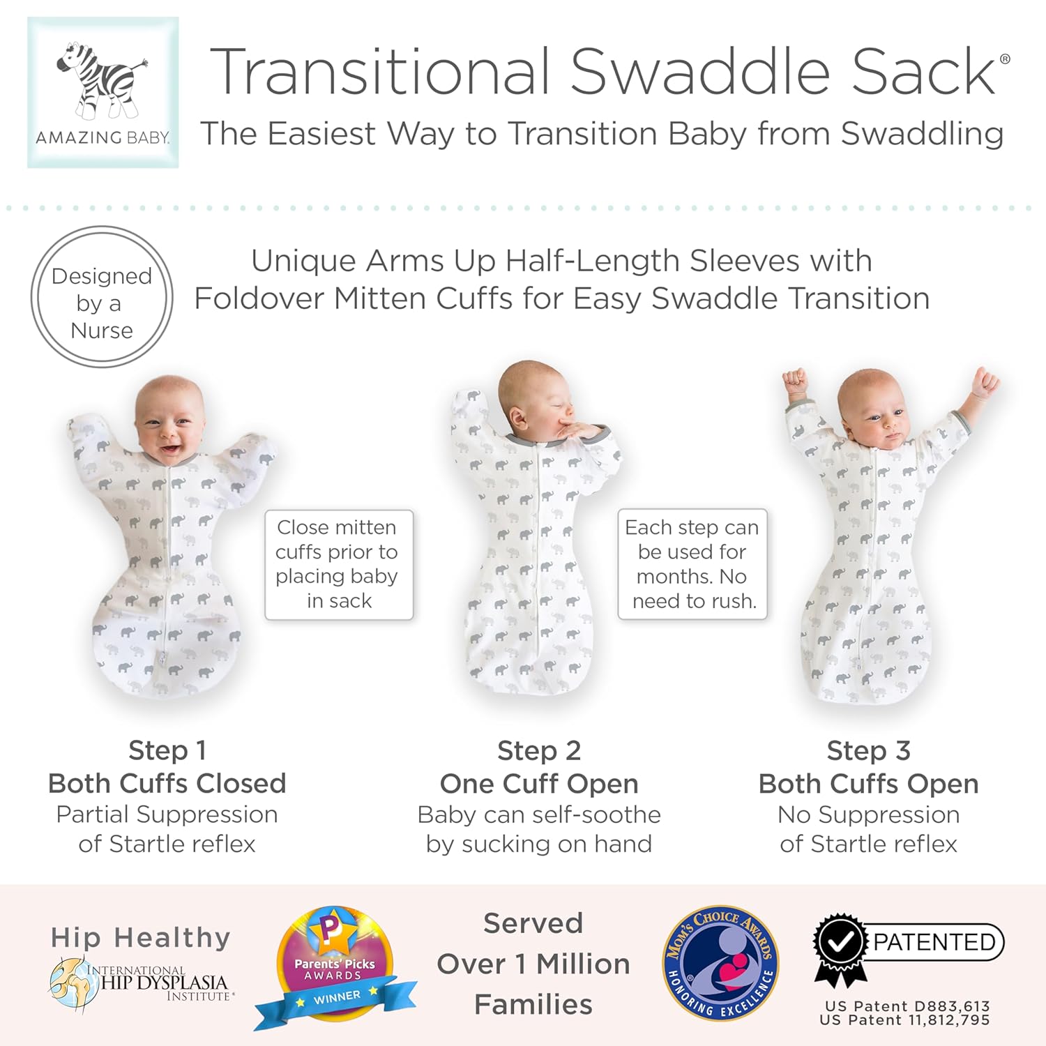 Amazing Baby Transitional Swaddle Sack - Tiny Elephants Medium 3-6 Months
