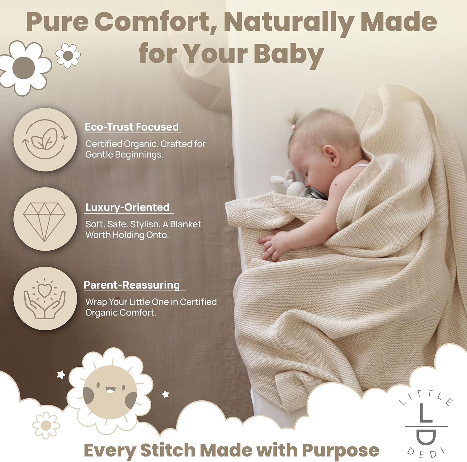 Little Dedi 100 Organic Cotton Baby Blanket - 30x40 Neutral Earth Ivory