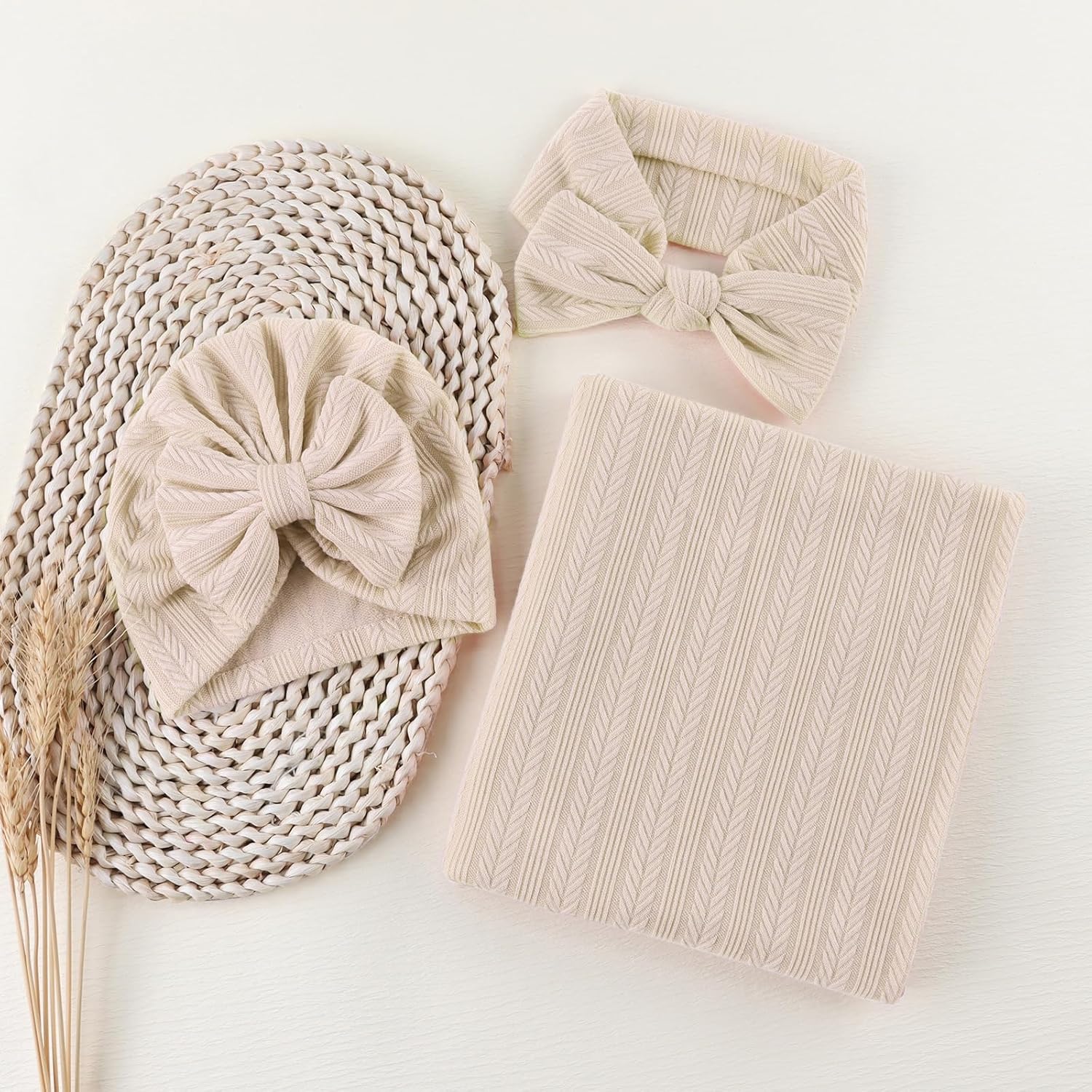 OMUKY Newborn Swaddle Blanket Set with Beanie and Headband