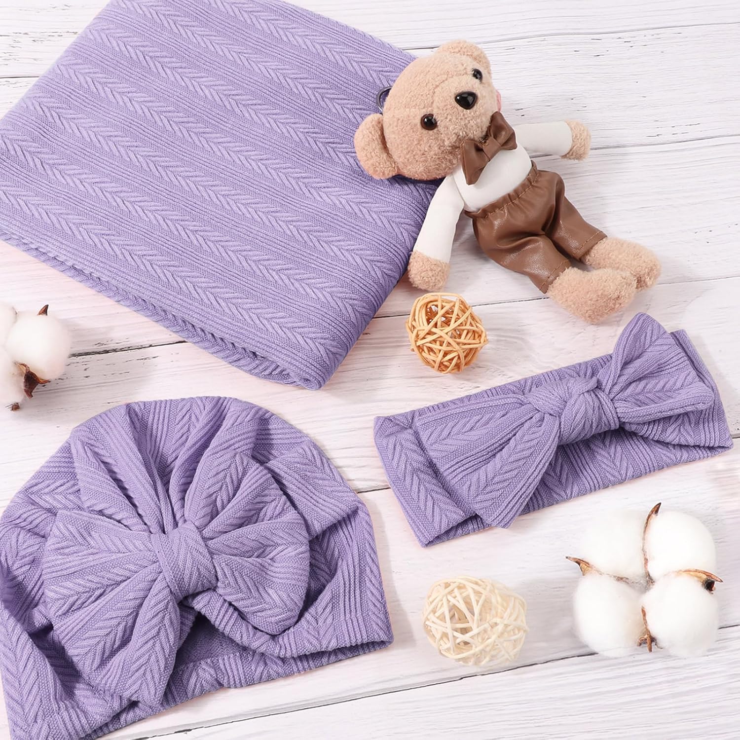 AQOKKA Newborn Swaddle Blanket Set with Hat and Wooden Sign