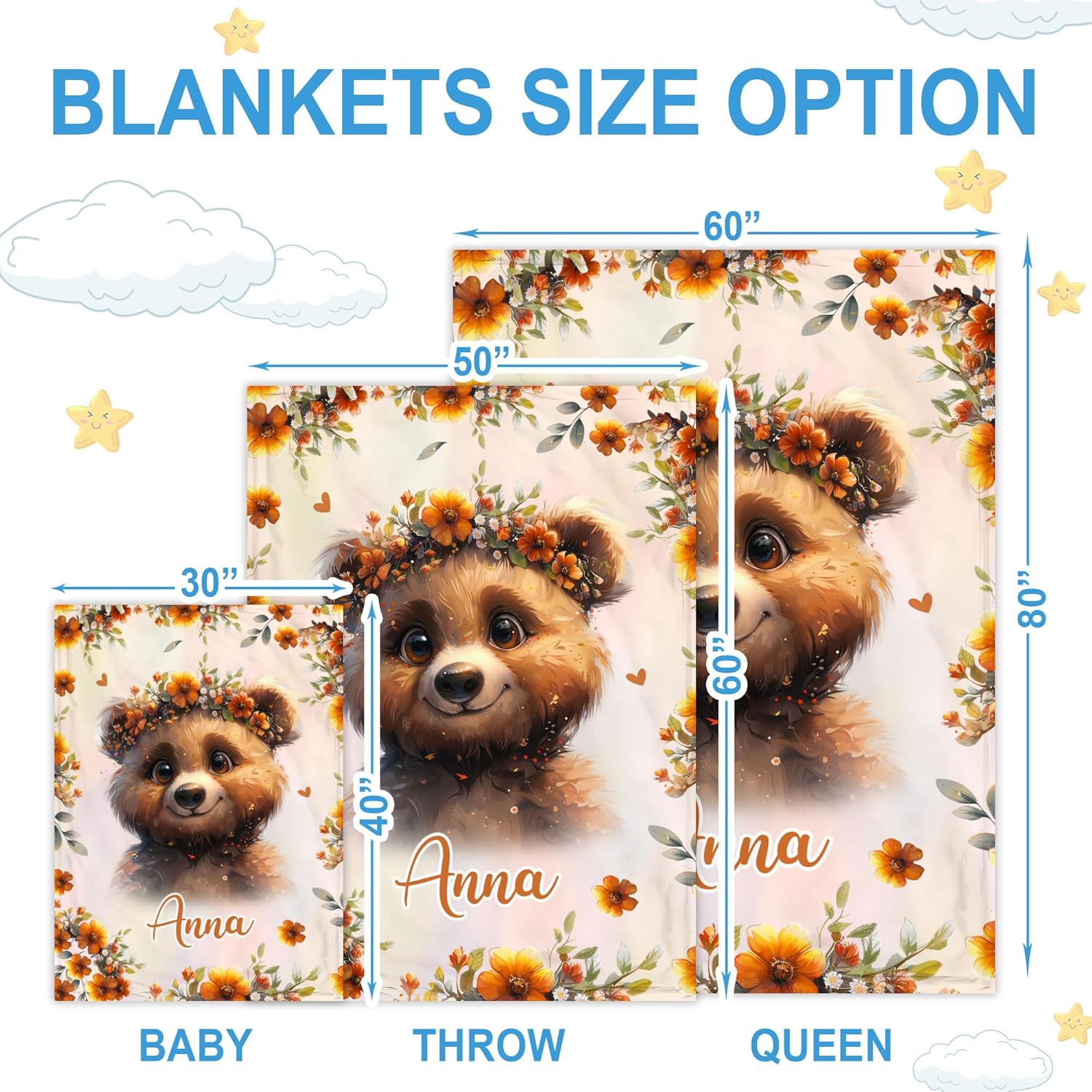 Hyturtle Personalized Bear Blanket - Custom Name Soft Cozy Plush for Newborns