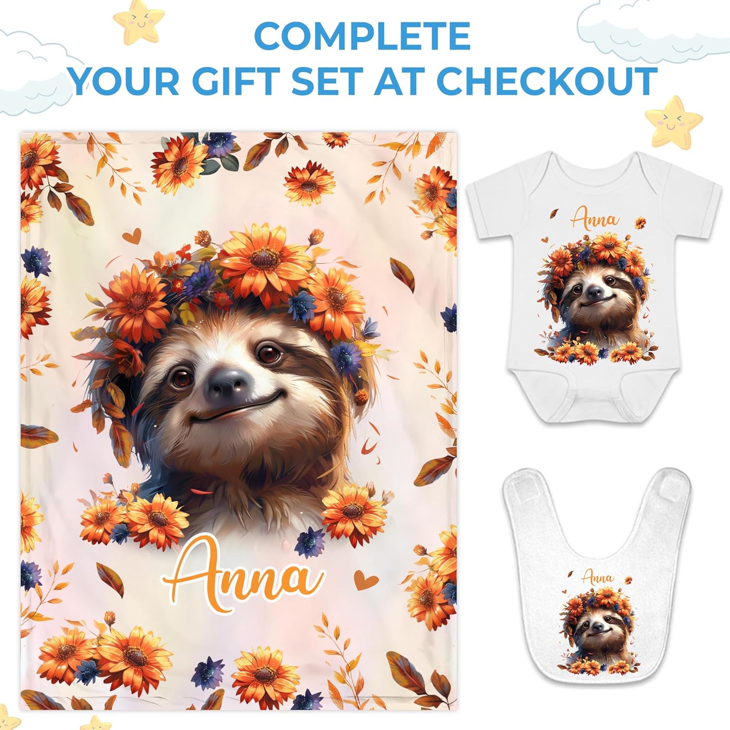 Hyturtle Personalized Sloth Baby Blanket with Custom Name