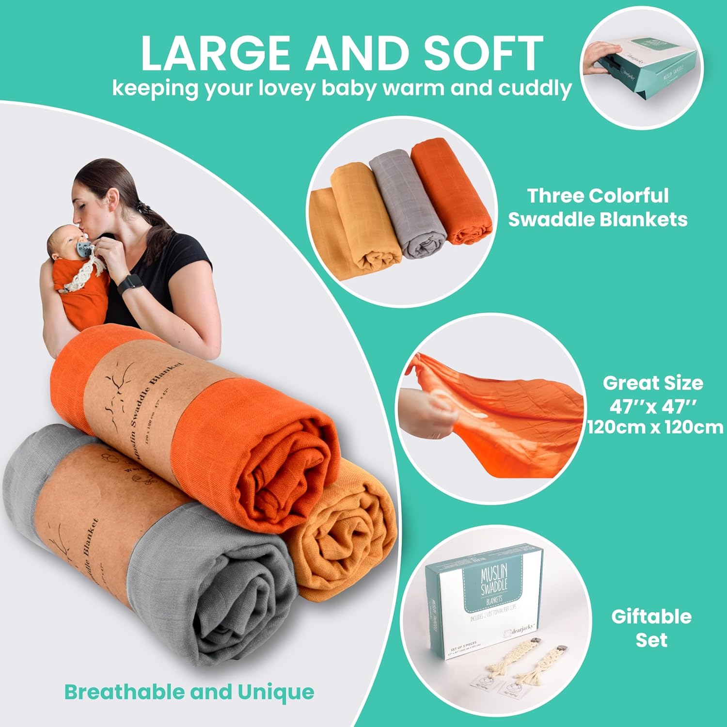 3-Pack Muslin Swaddle Blankets - Neutral Unisex for Newborns