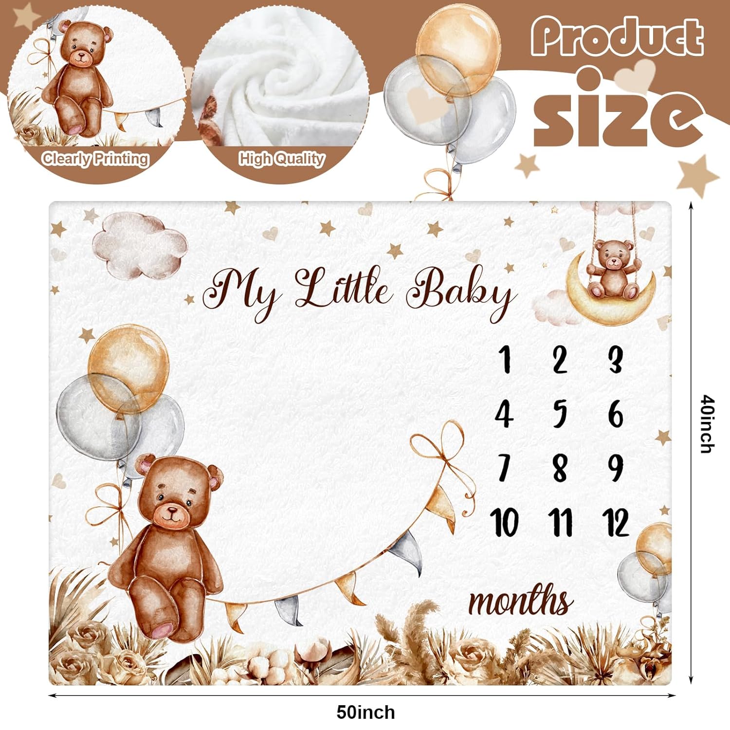 Mindsoft Boho Brown Bear Milestone Blanket with Frame