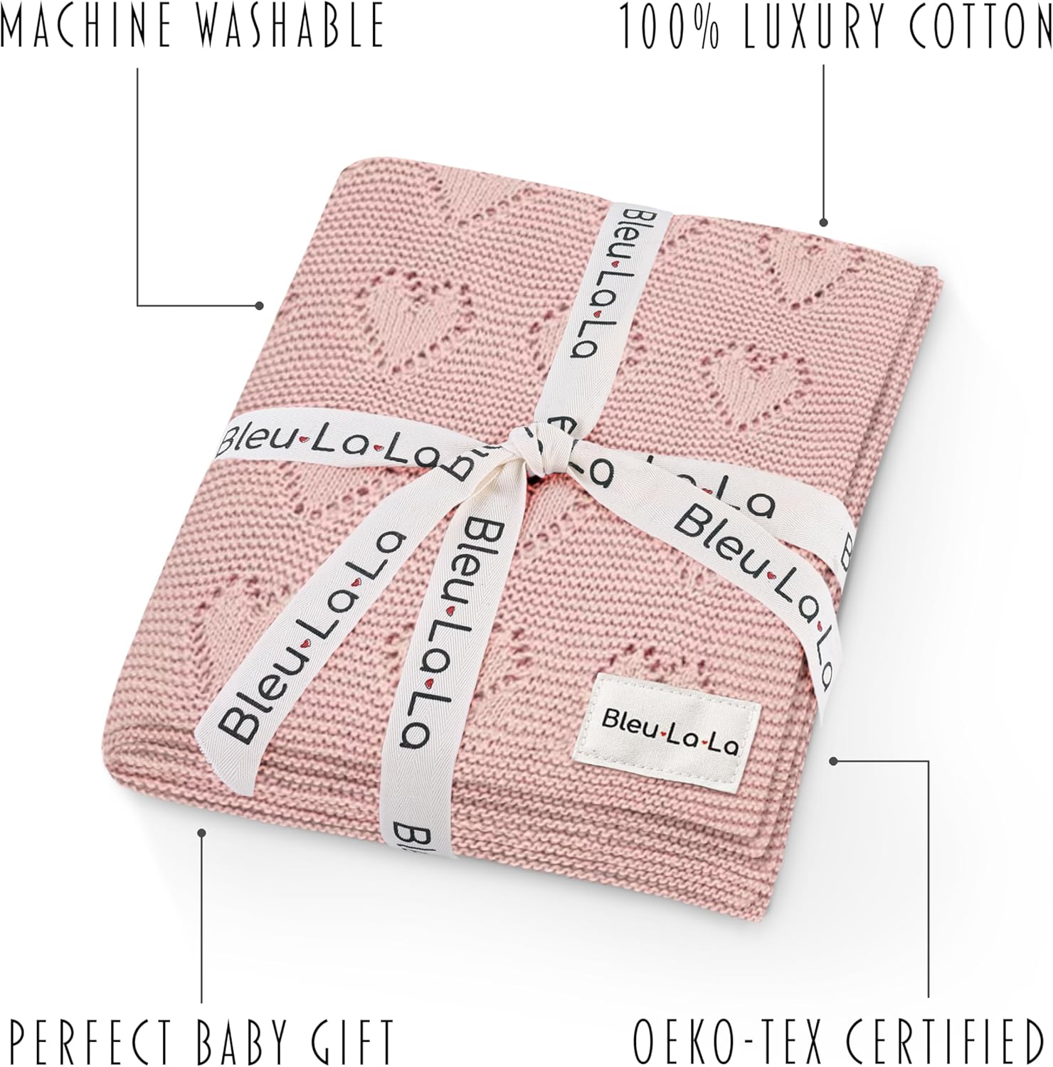Bleu La La Swaddling Blanket for Girls - Pink Heart Cotton Knit Blanket