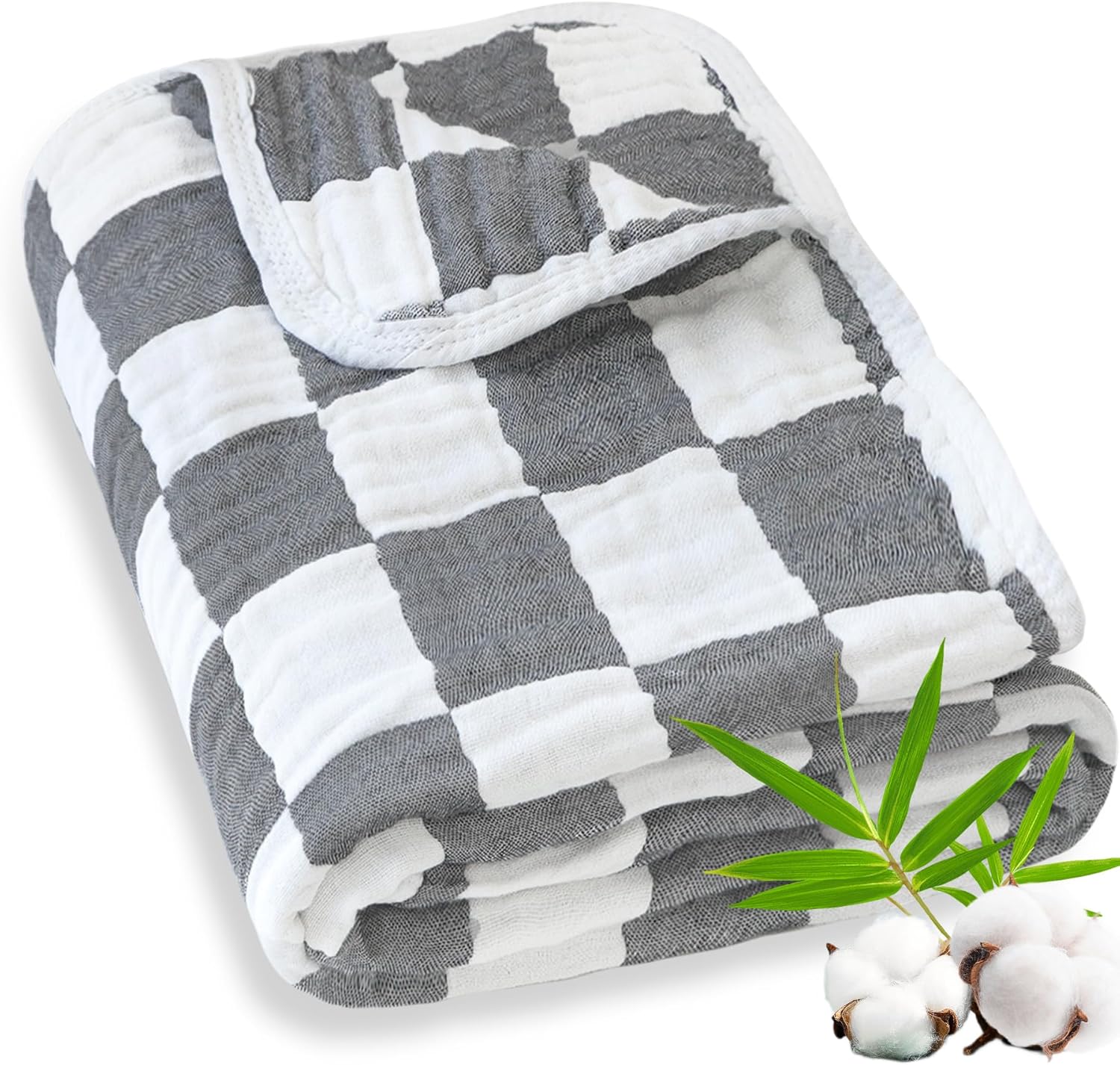 BEILIMU 6-Layer Muslin Swaddle Blanket 43x43 Inches Grey Checkered