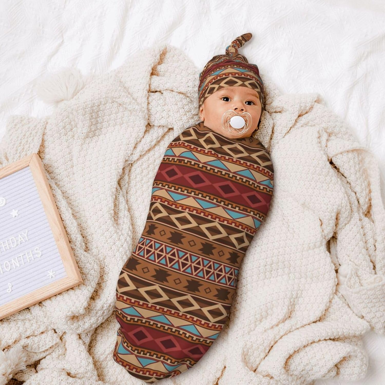 Sanghing Aztec Swaddle Blanket with Beanie Set for Newborns