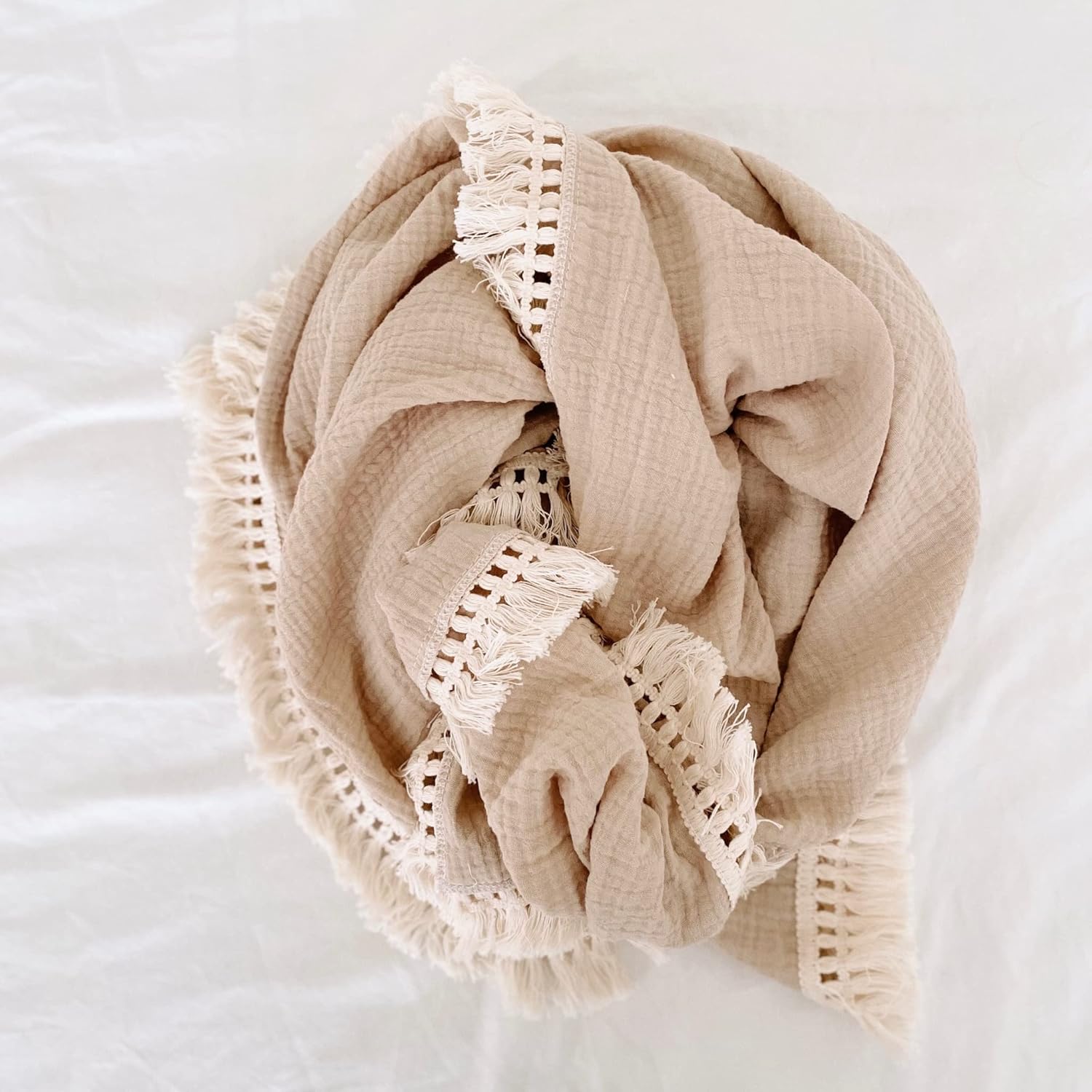 Bettrkind Muslin Swaddle Blanket with Fringe - Tan