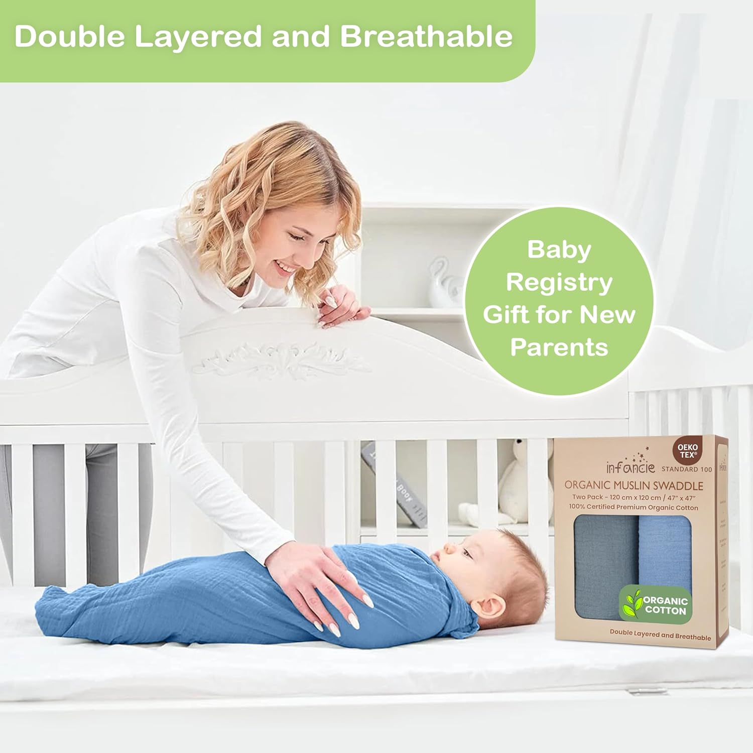 Infancie Organic Cotton Muslin Baby Blanket - 47x47 Inch