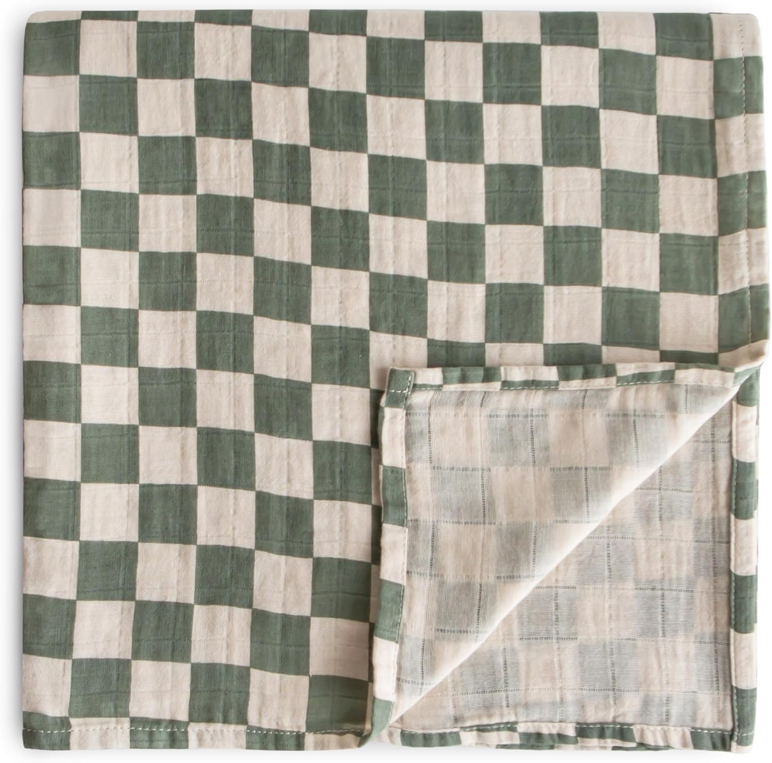 Mushie Muslin Swaddle Blanket - Olive Check 100 Organic Cotton