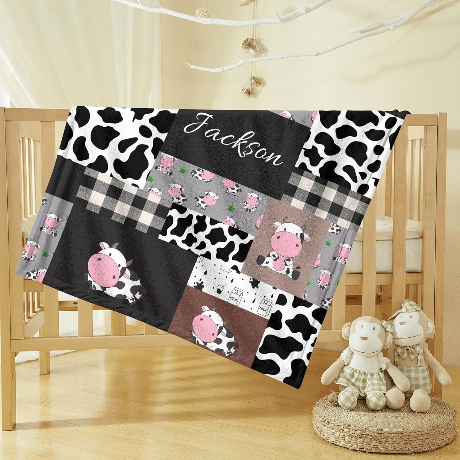 Personalized Cow Minky Baby Blanket with Name 1