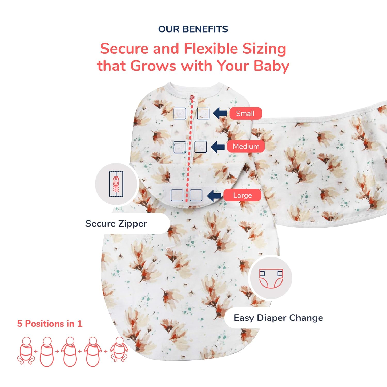 Embe 2-Way Starter Baby Swaddle 6-14 lbs Blush Blossom