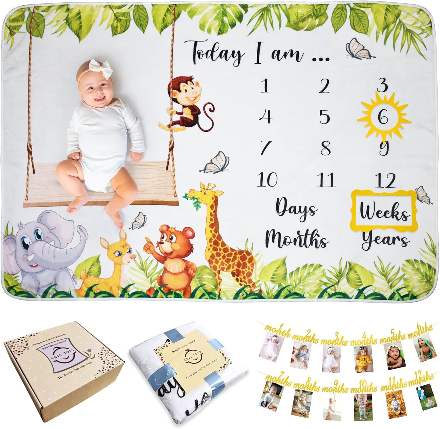 AJS Tots Baby Monthly Milestone Blanket for Boy or Girl