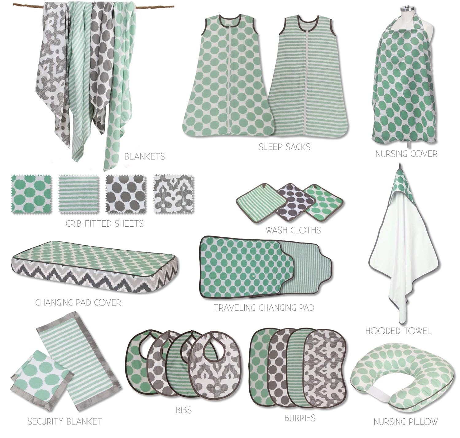 Bacati Ikat Mint Grey Dots Stripes Swaddling Muslin Set of 4