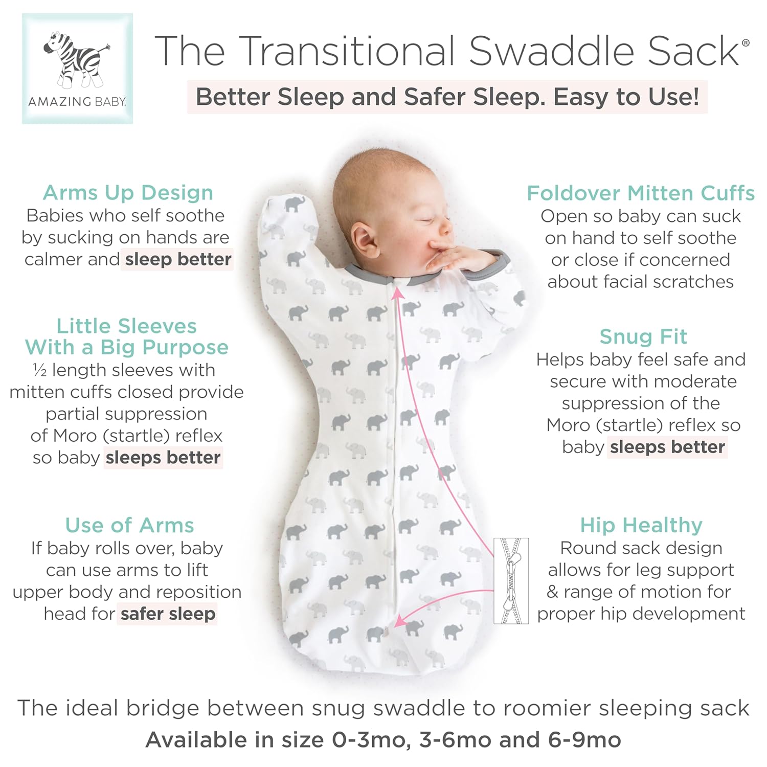 Amazing Baby Transitional Swaddle Sack - Tiny Elephants Medium 3-6 Months