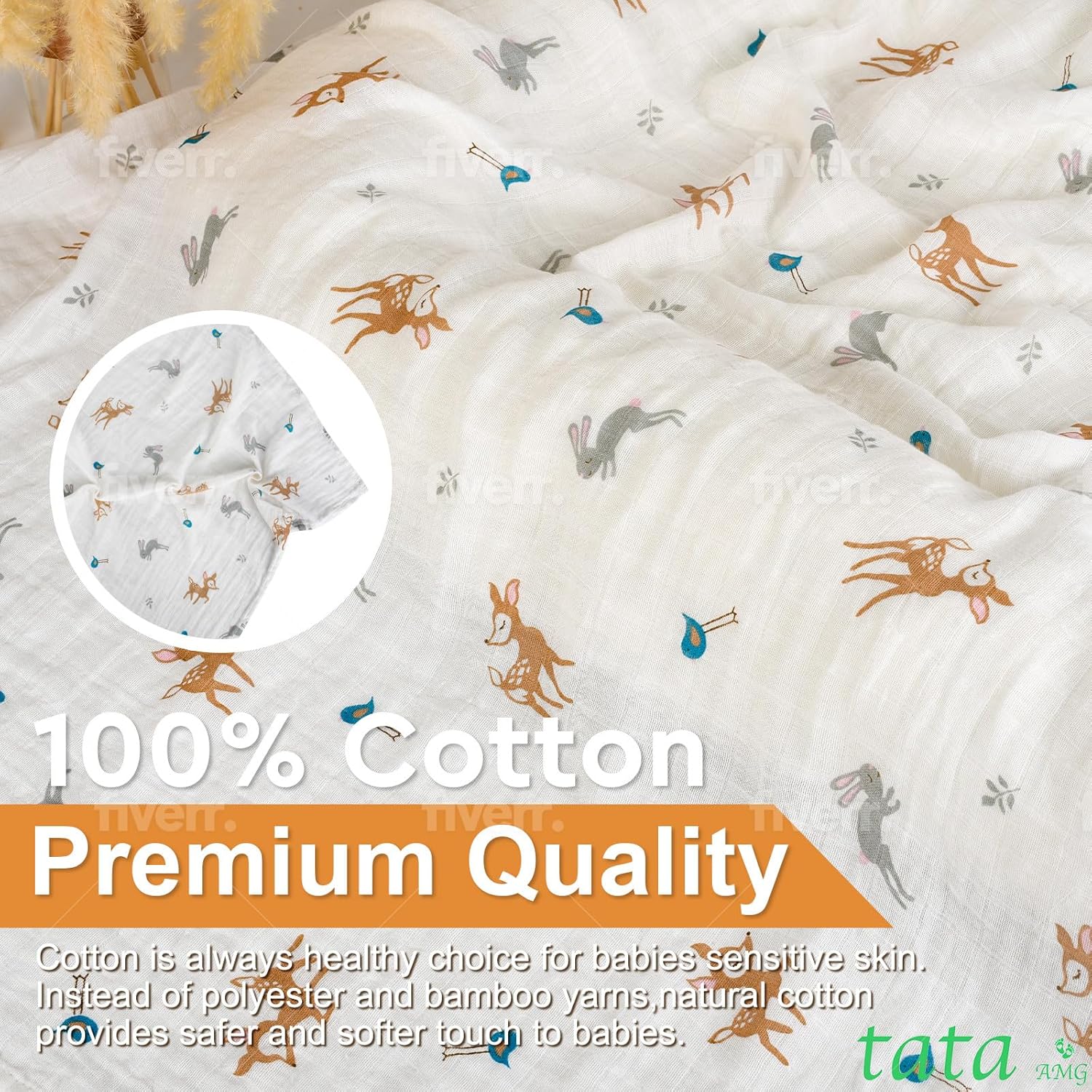 TATA AMG Organic Muslin Baby Swaddle Blanket - 47x47