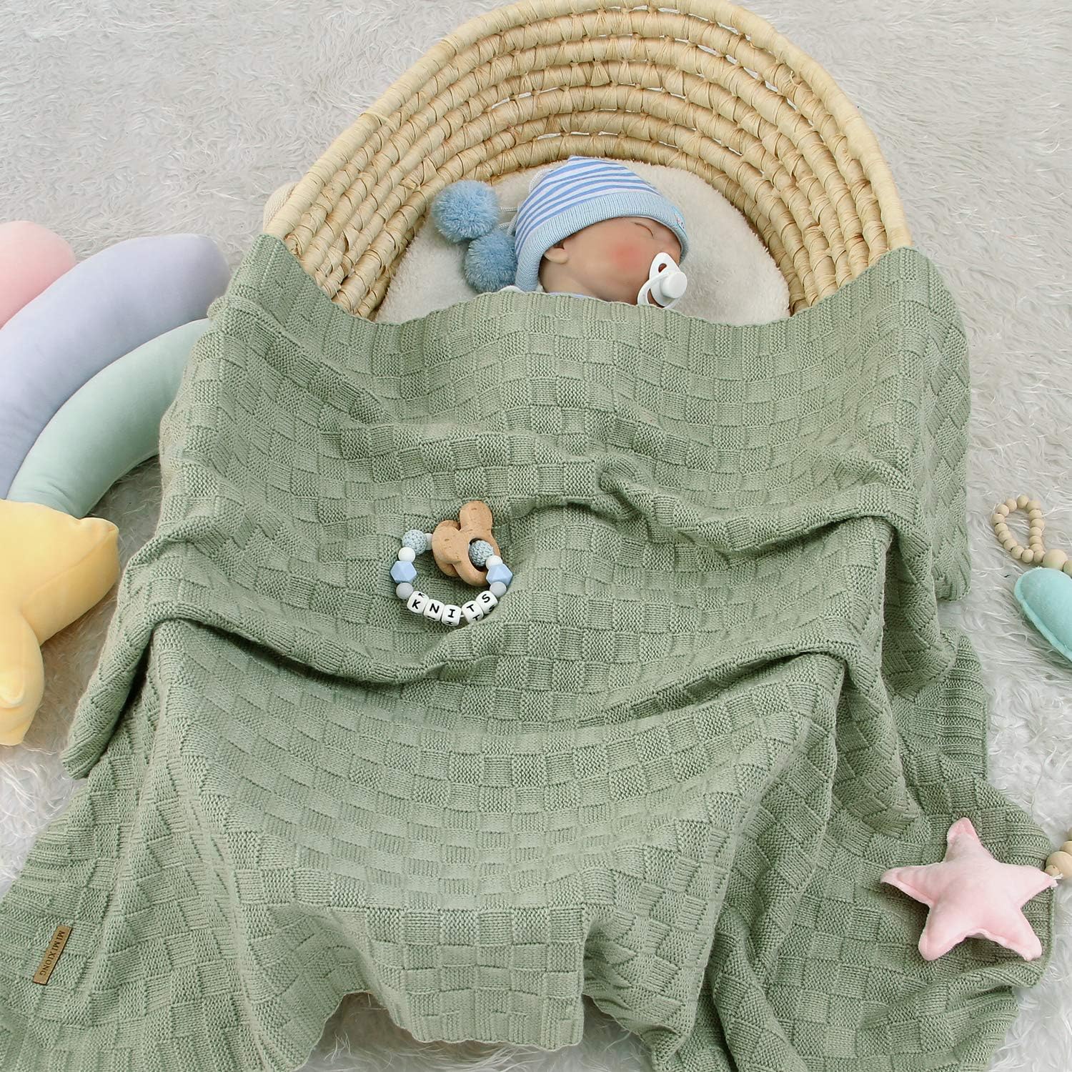 LAWKUL Cable Knitted Baby Blanket Soft Sage Green 40x30