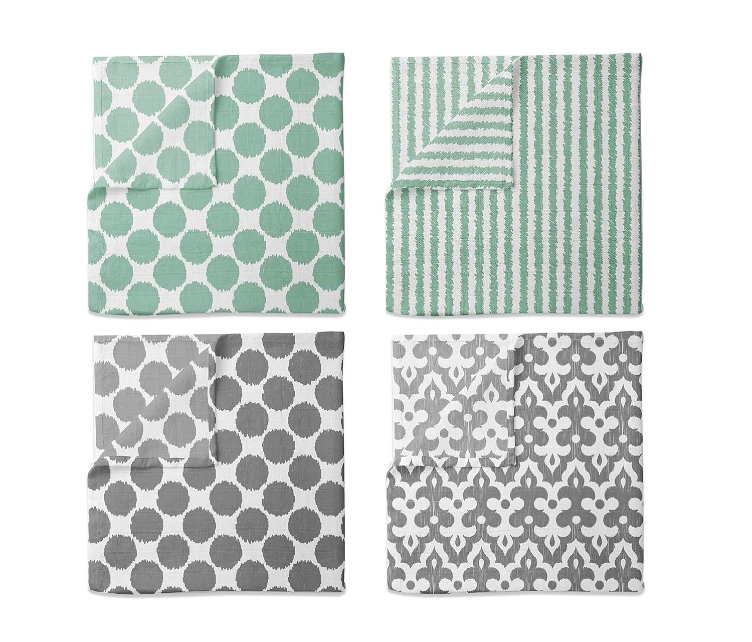 Bacati Ikat Mint Grey Dots Stripes Swaddling Muslin Set of 4