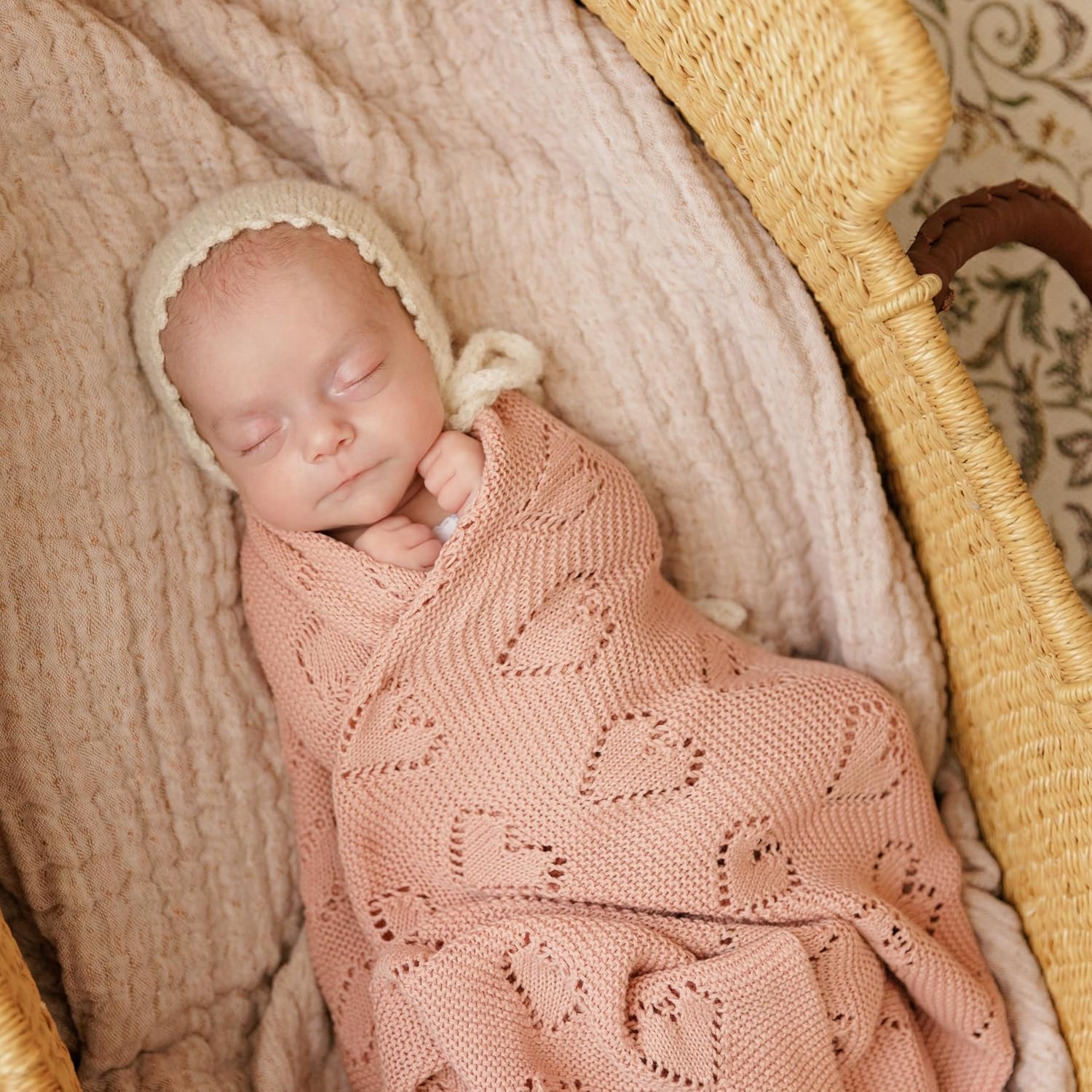 Bleu La La Swaddling Blanket for Girls - Pink Heart Cotton Knit Blanket