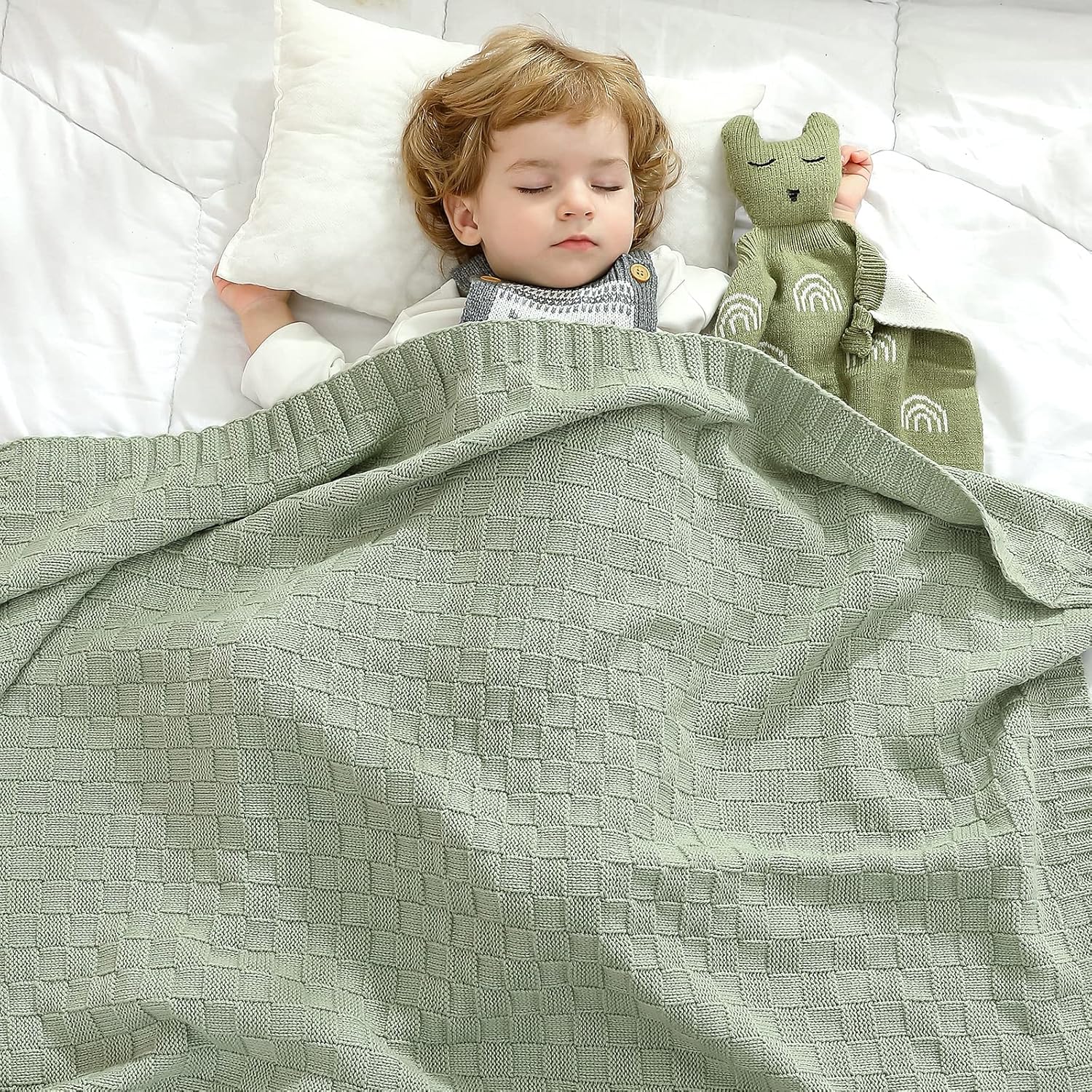 LAWKUL Cable Knitted Baby Blanket Soft Sage Green 40x30