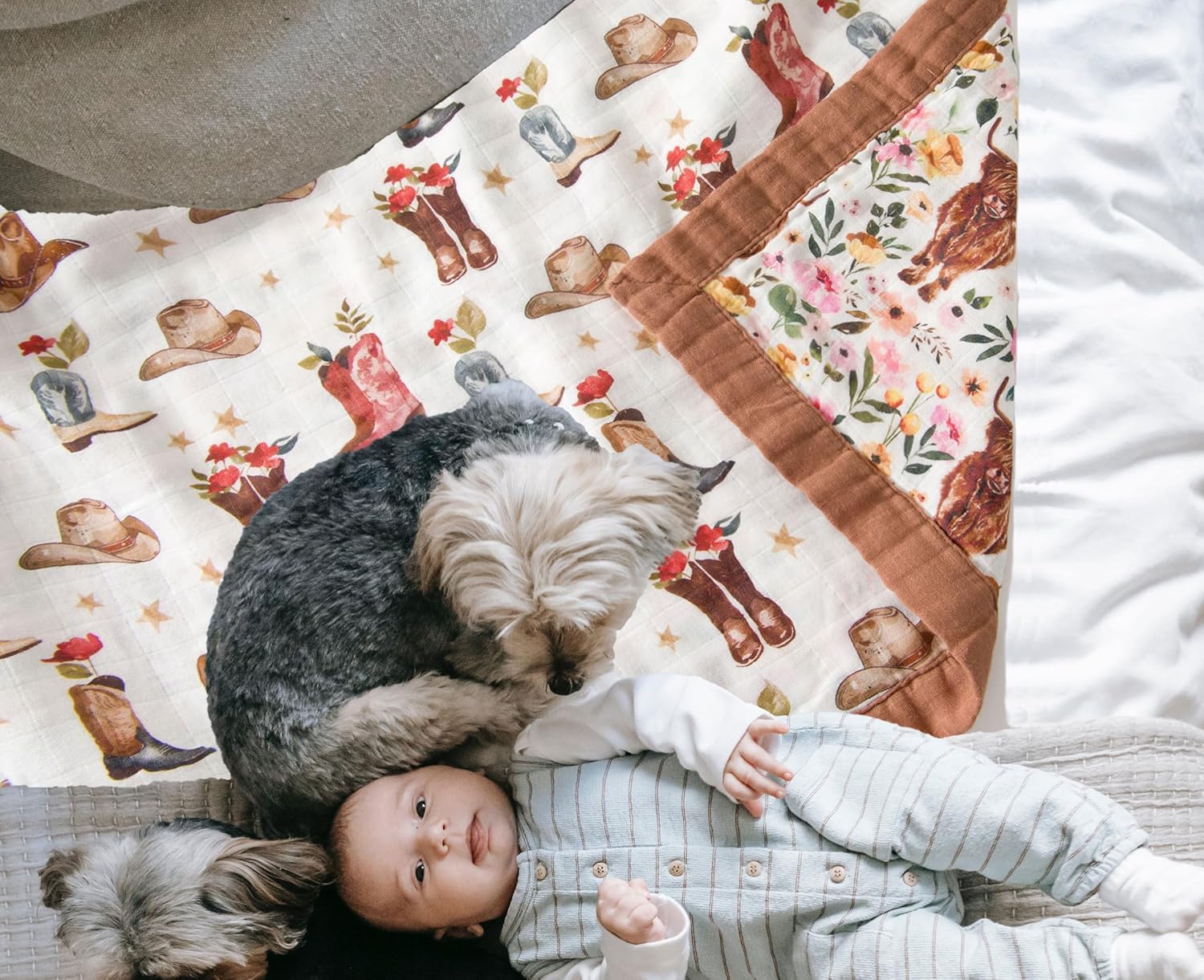 Little Jump Cowgirl Floral Highland Cow Muslin Blanket - 47 x 47