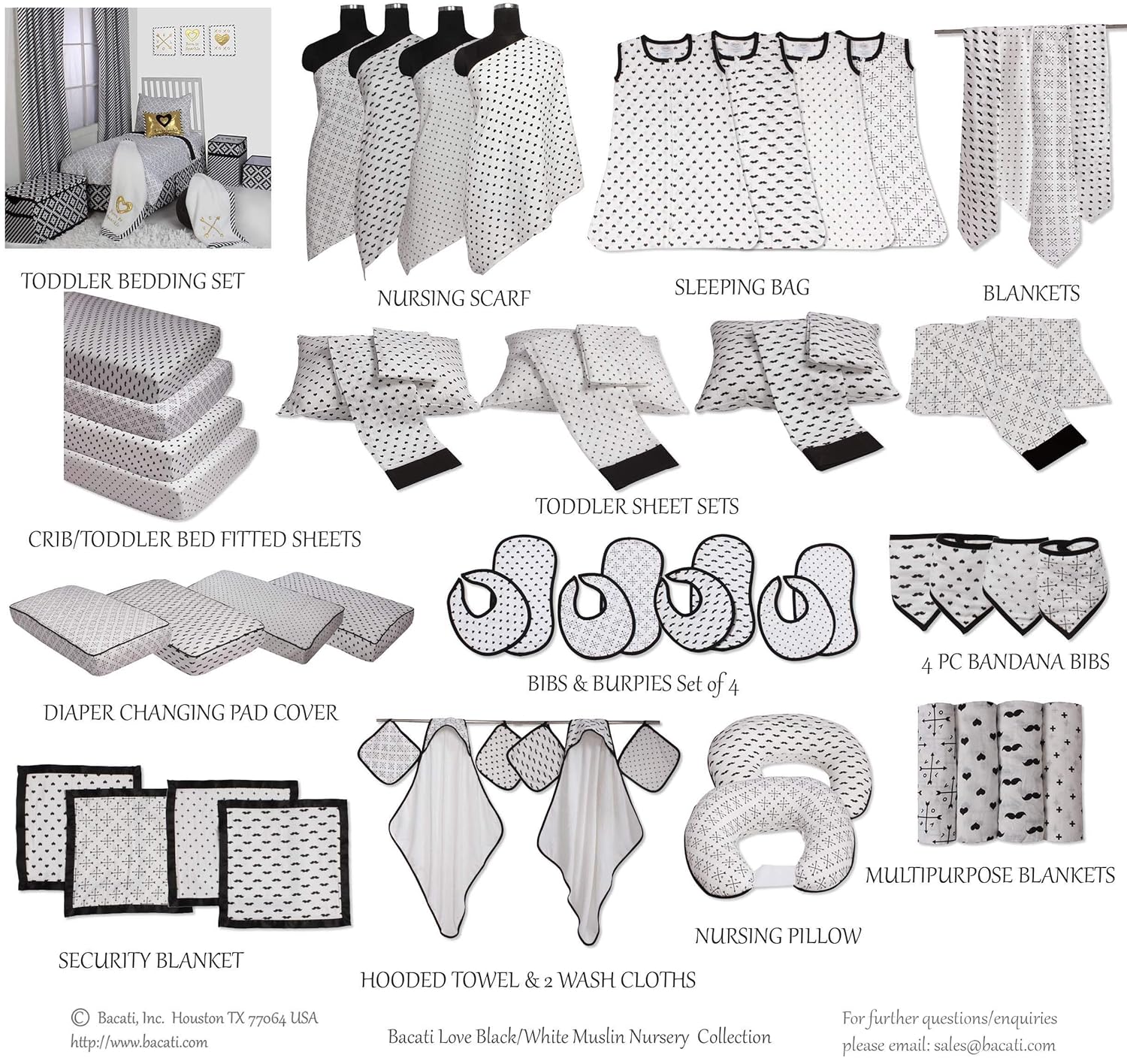Bacati 4 Piece Love Muslin Swaddling Blankets BlackWhite