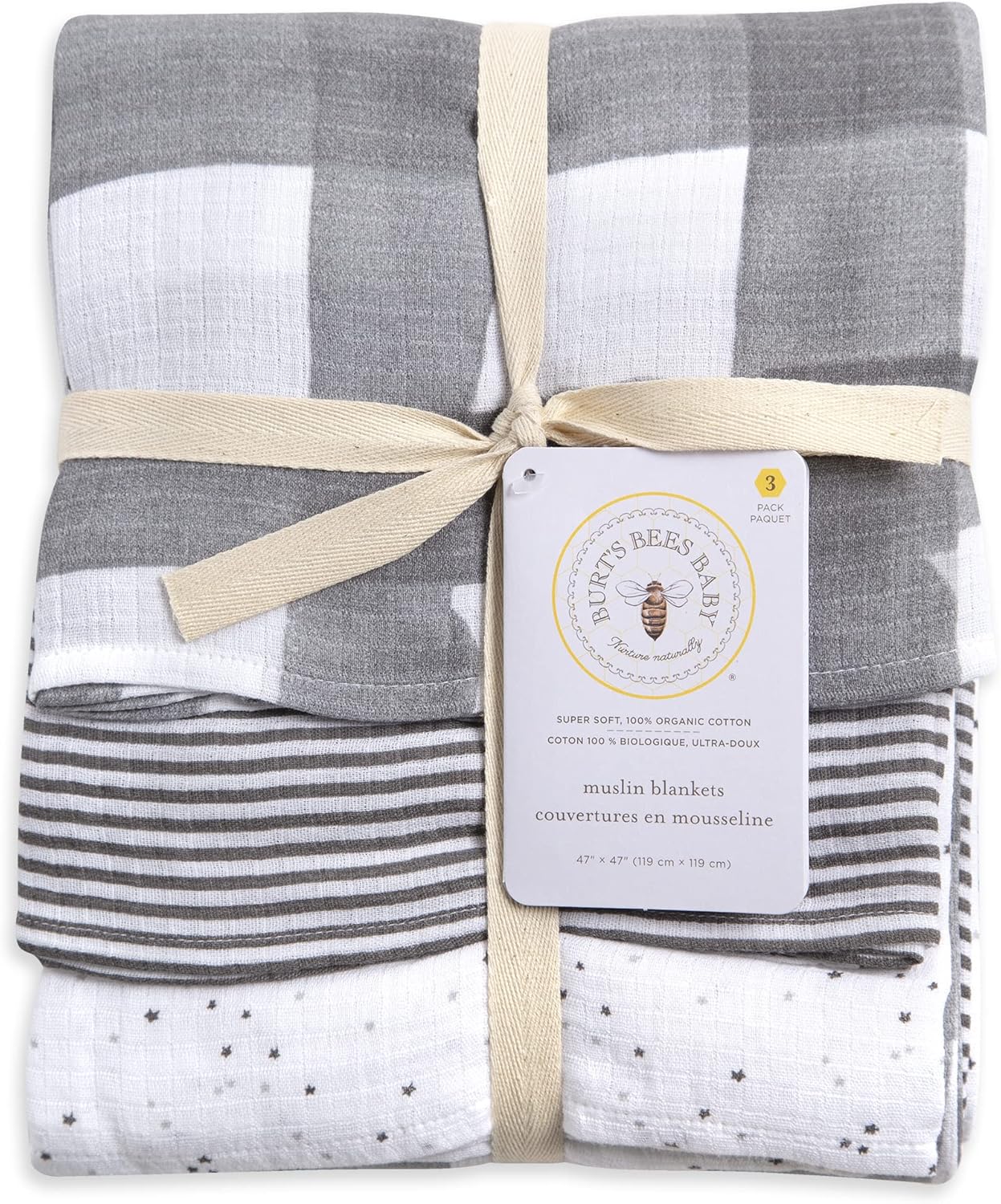 Burts Bees Baby Swaddles 3-Pack Muslin Blankets