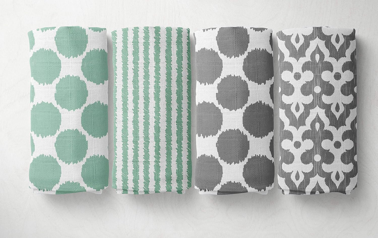 Bacati Ikat Mint Grey Dots Stripes Swaddling Muslin Set of 4