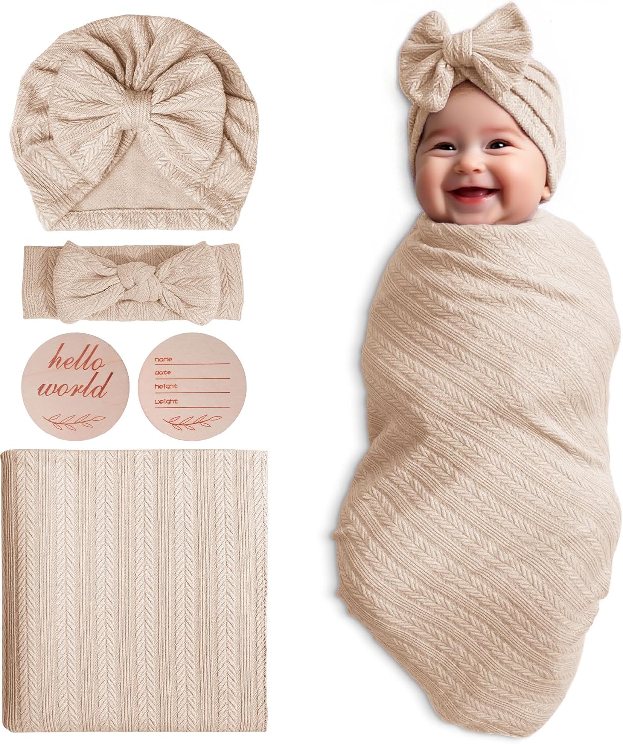 Golener Baby Swaddle Set - Swaddling Blankets Bow Hat Headband Birth Cards