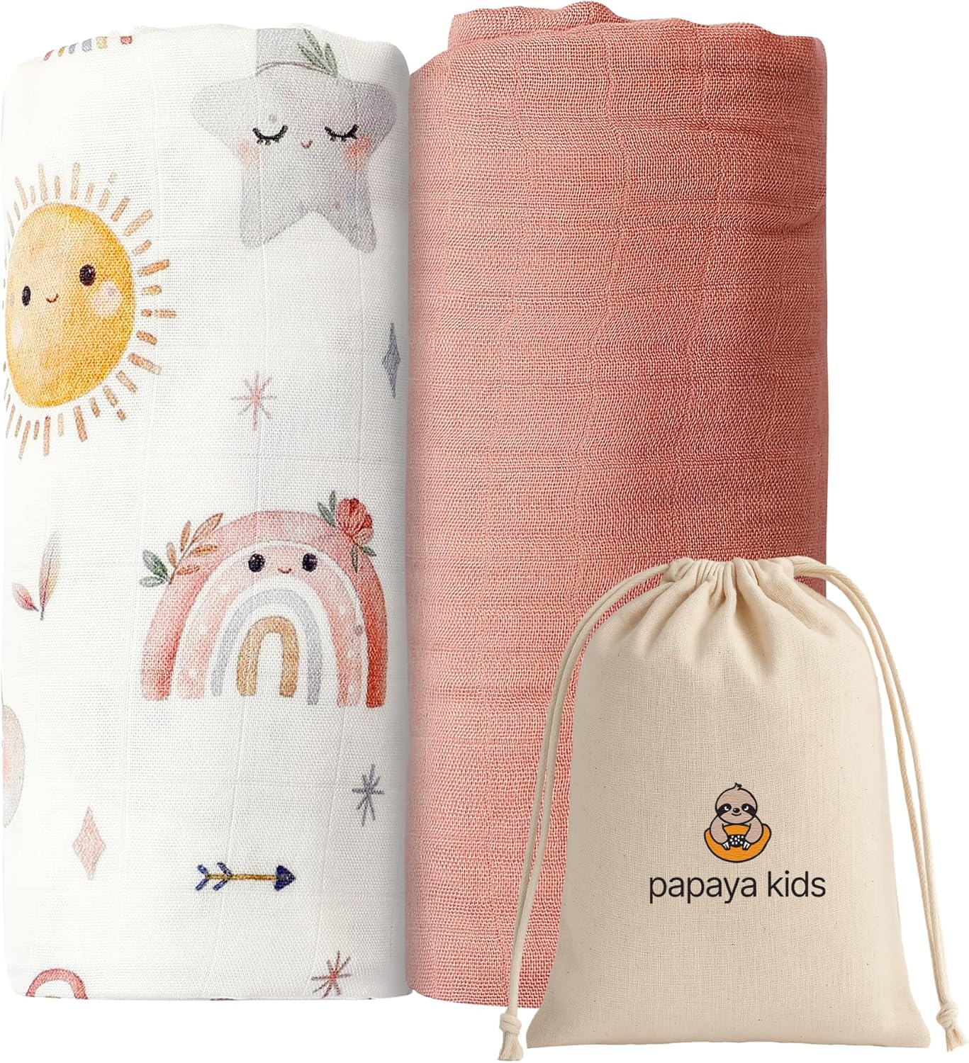 Papaya Kids Muslin Swaddle Blankets - 2 Pack Clouds Pink