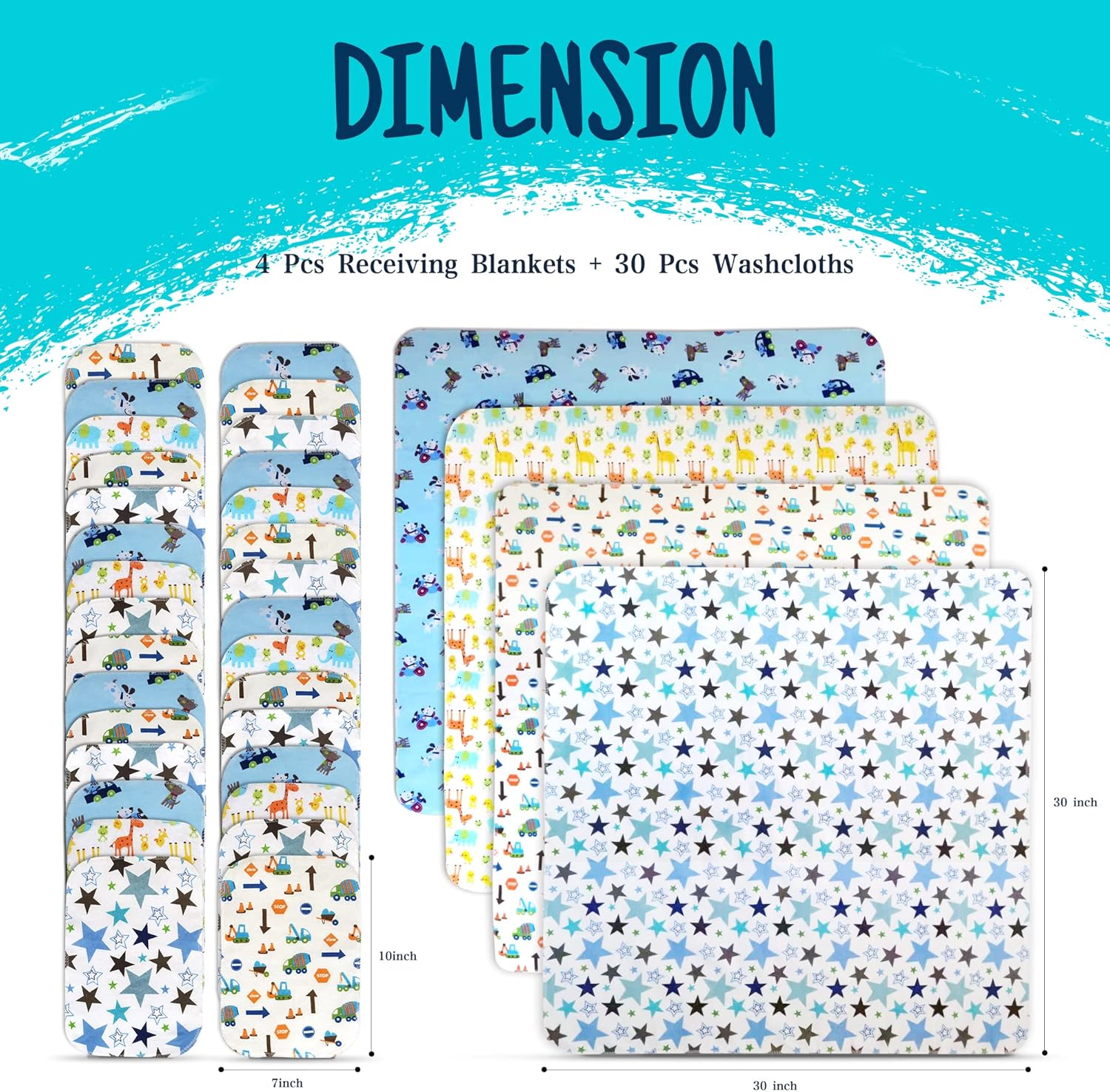 Omilion Receiving Blanket 4 Pack - 30x30 Flannel Cotton Blankets with Washcloths