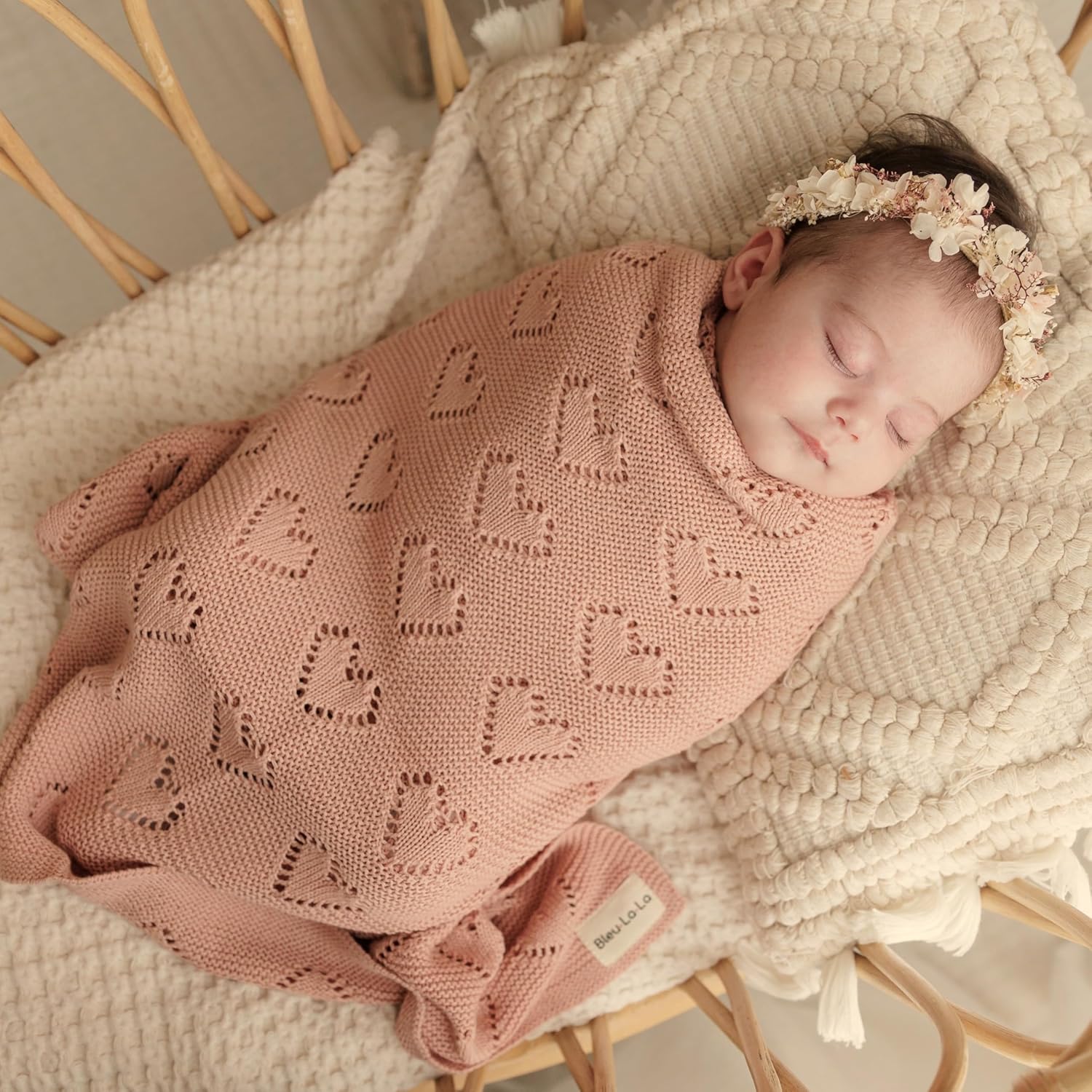 Bleu La La Swaddling Blanket for Girls - Pink Heart Cotton Knit Blanket