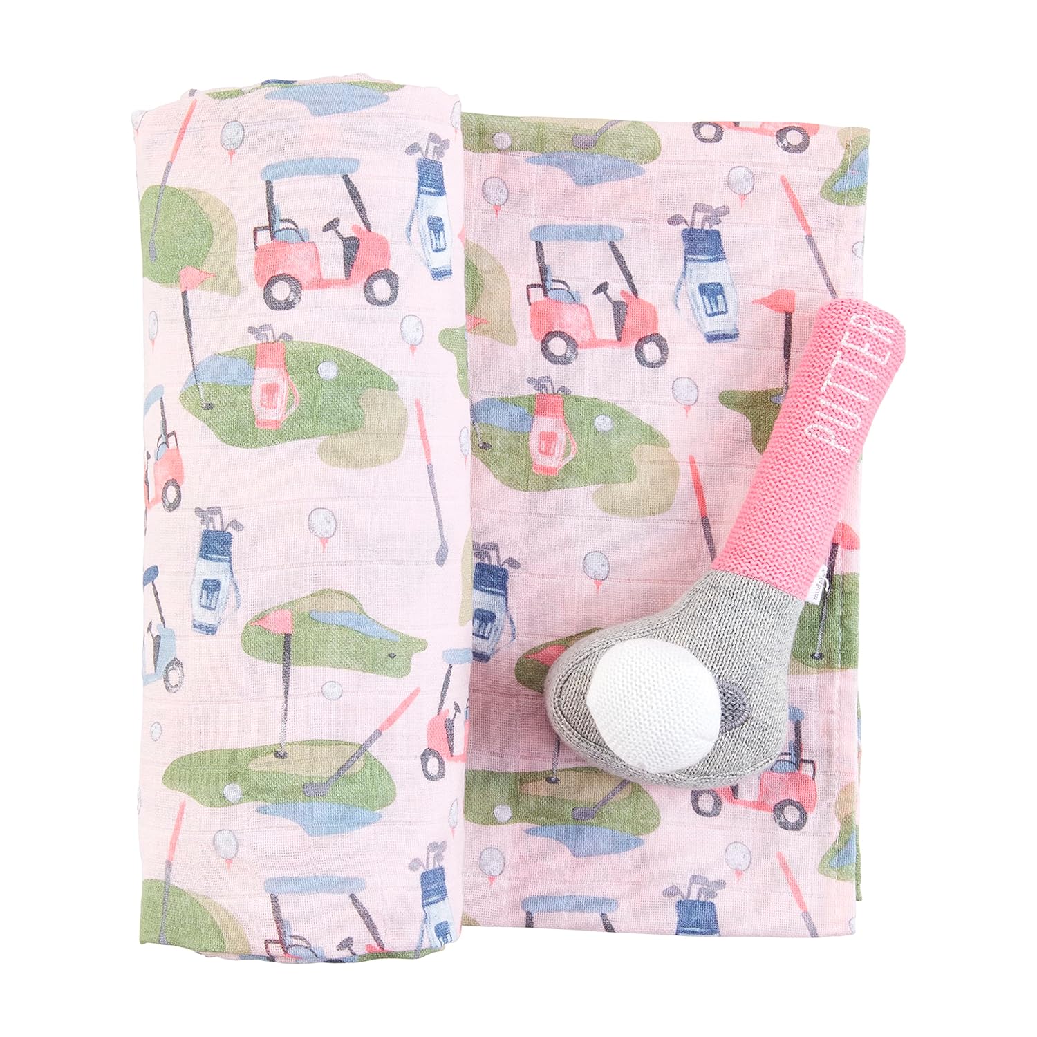 Mud Pie Pink Golf Swaddle Blanket and Rattle Set